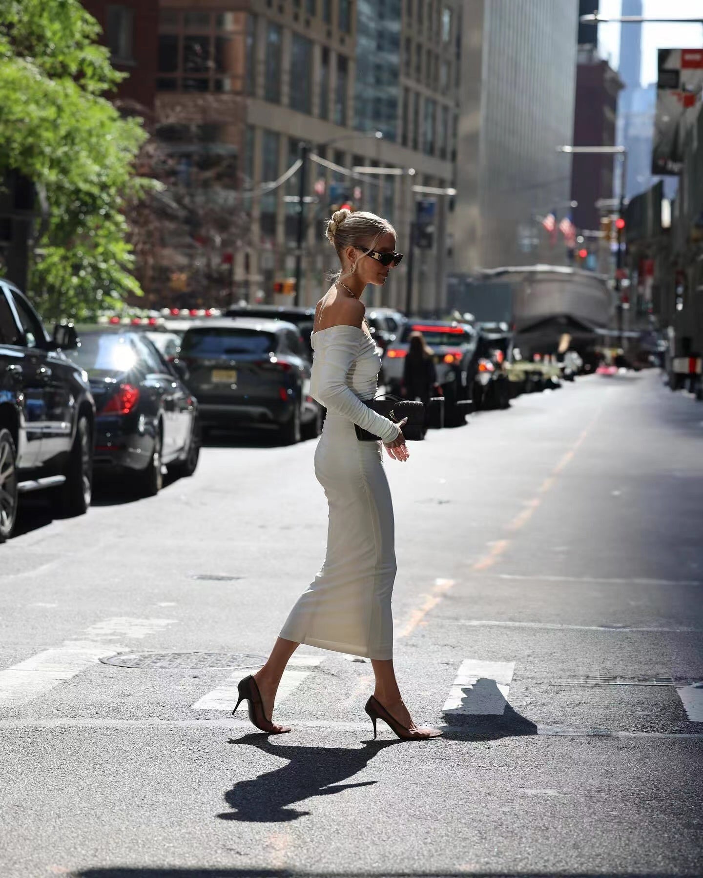 Long Sleeve Ruched Bardot Midi Dress White HV1923
