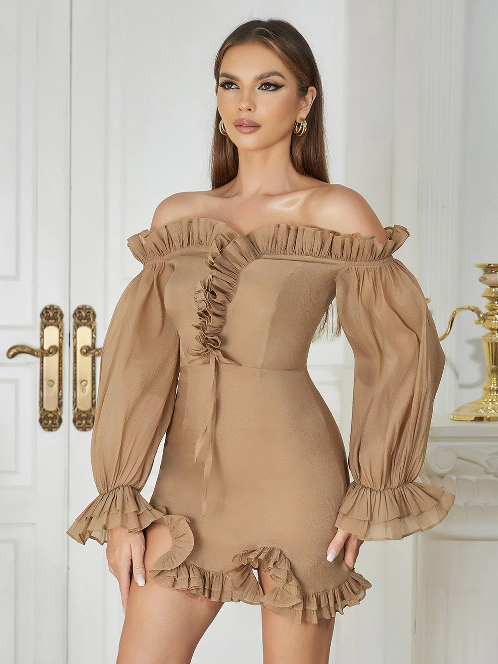 Puff Long Sleeve Off Shoulder Ruffle Dress Brown