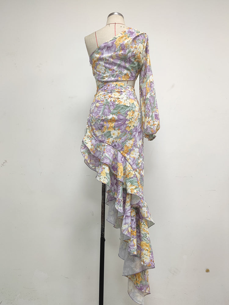 One Sleeve Floral Ruffle Maxi Dress Lavender HV8641