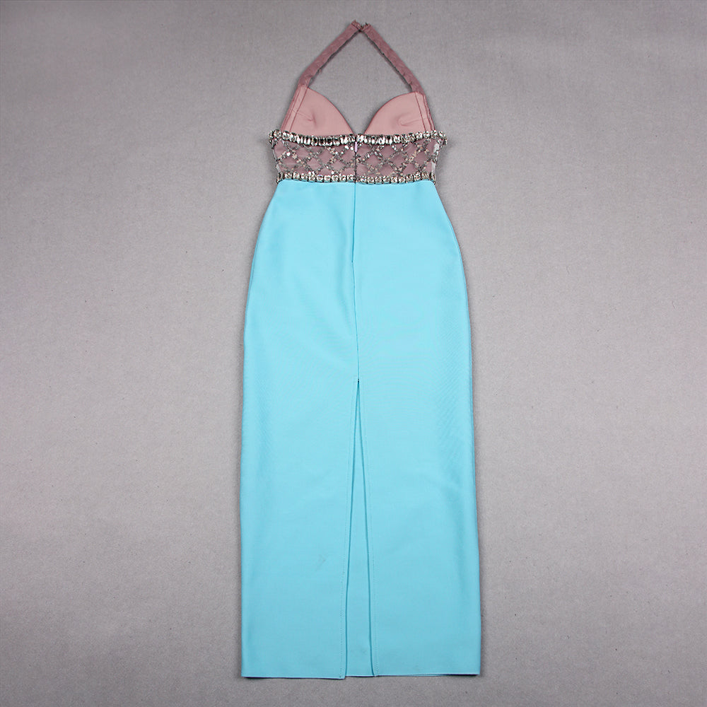 Halter Crystal Sequin Midi Dress Light Blue HV9505