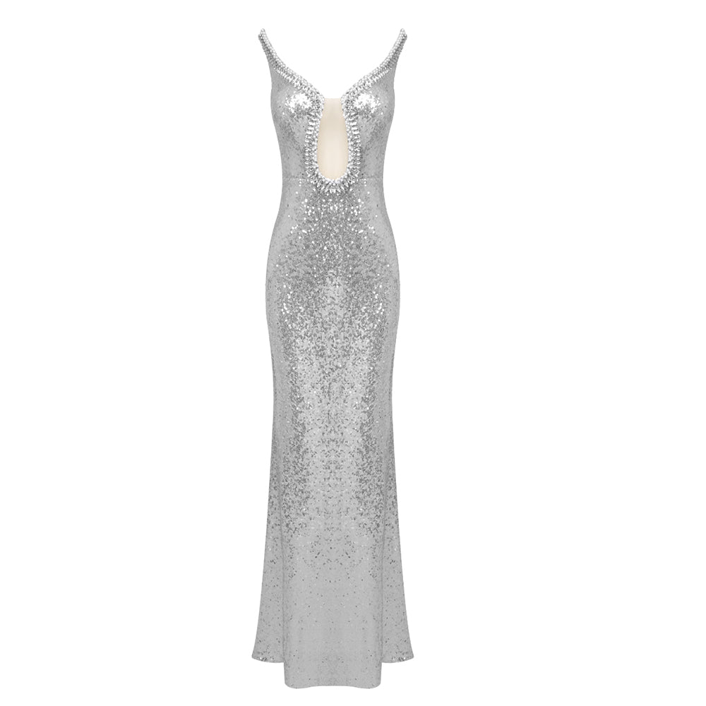 Strapless Crystal Sequin Maxi Dress Silver HV1886