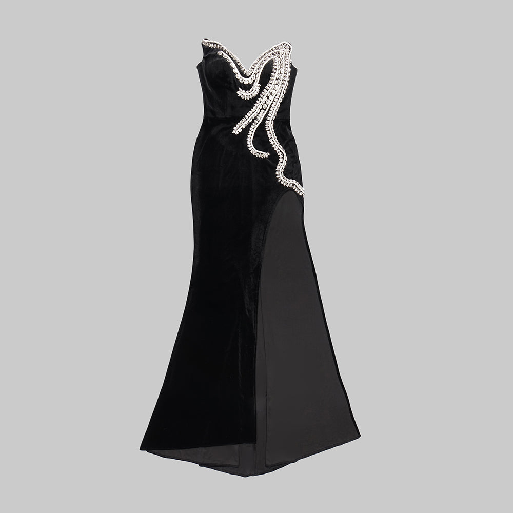 Strapless Crystal Maxi Velvet Dress HV9849