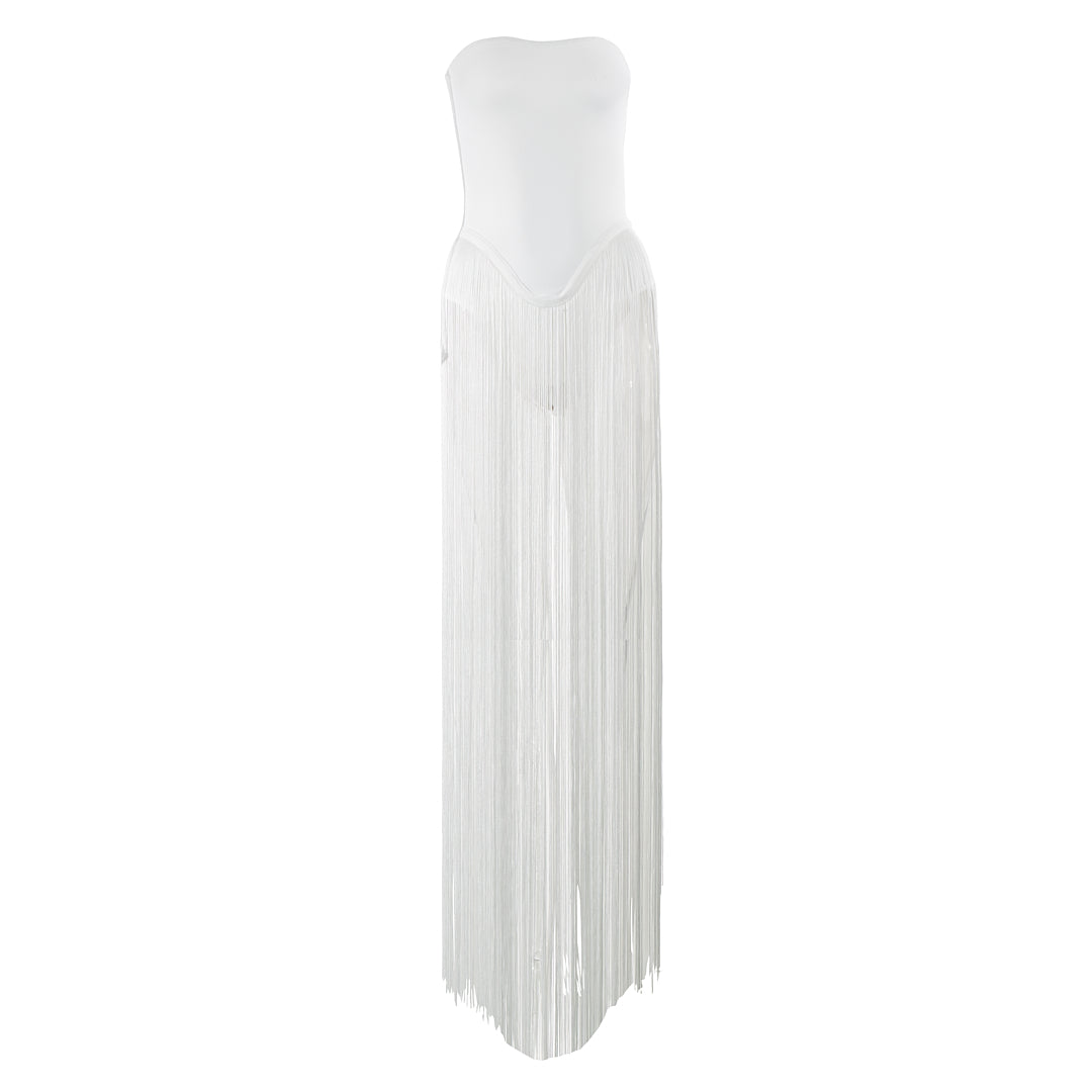Strapless Tassel Maxi Dress White
