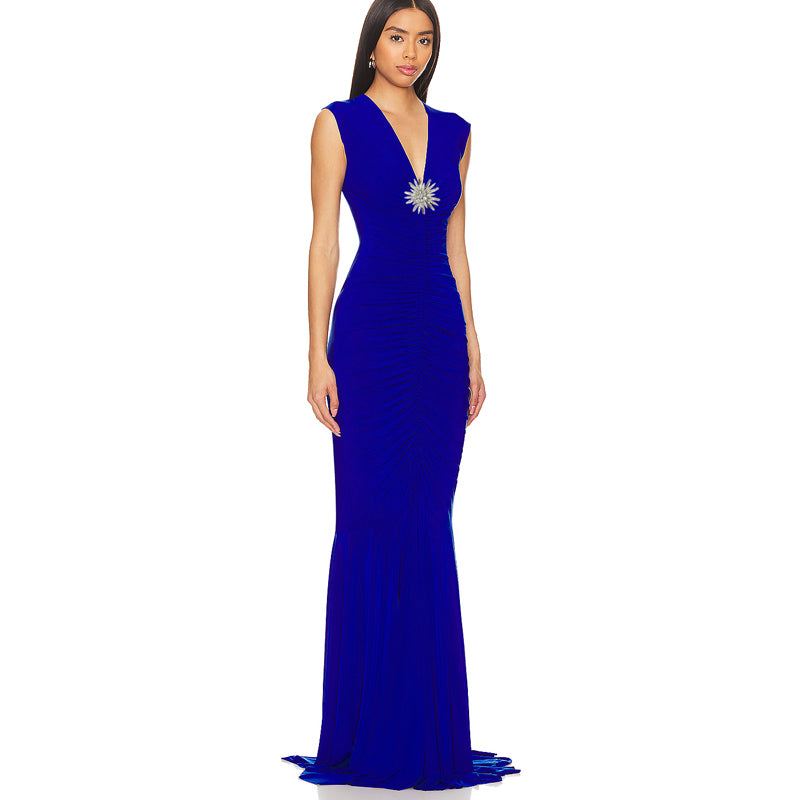 Crystal Detail Ruched Maxi Dress Blue HV2244