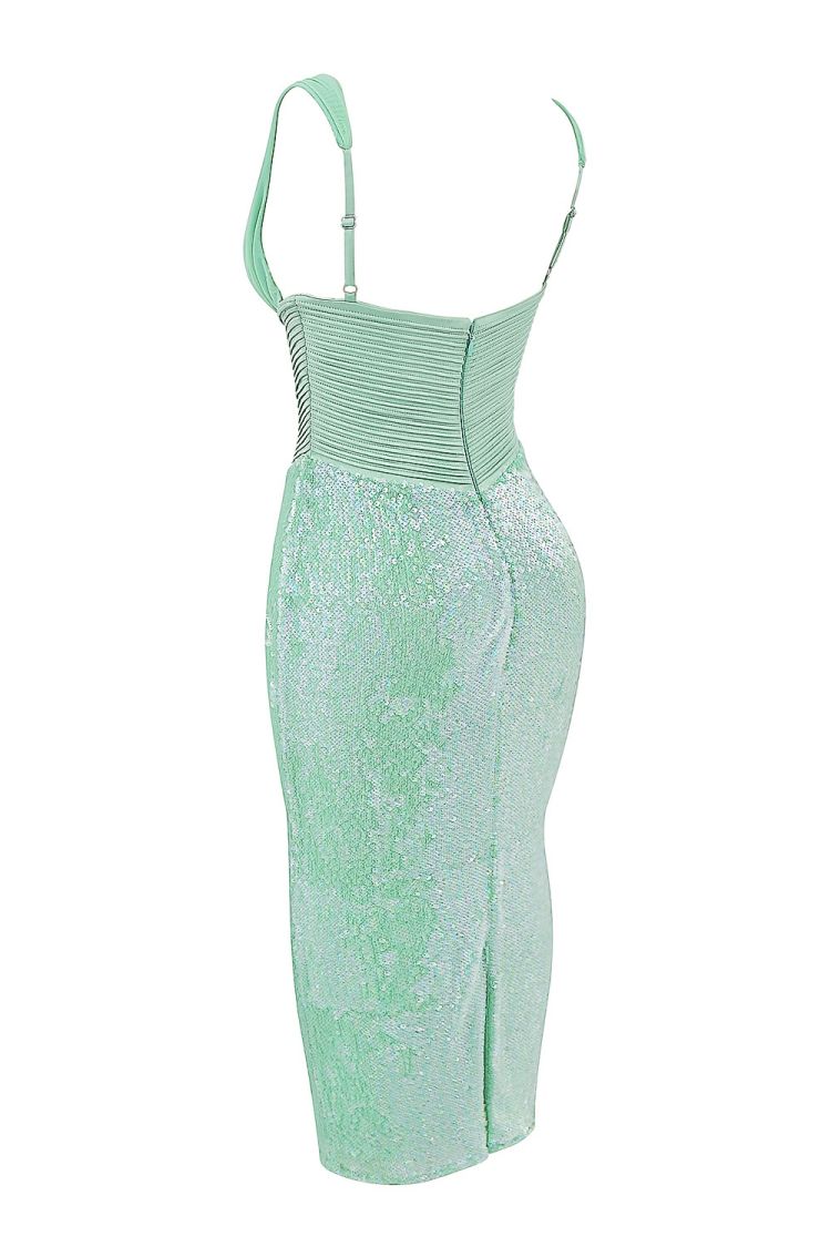 Pleated Sequin Midi Dress Green