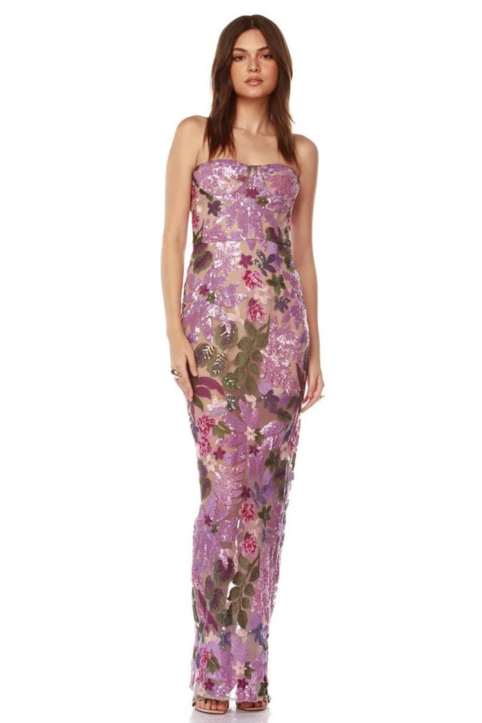Strapless Floral Sequin Bustier Maxi Dress Lavender HV1373