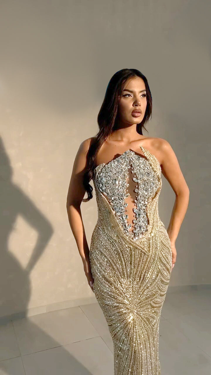 Strapless Sequin Maxi Dress Silver Gold HV1783