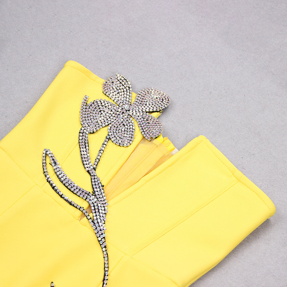 Strapless Rhinestone Flower Dress Yellow HV