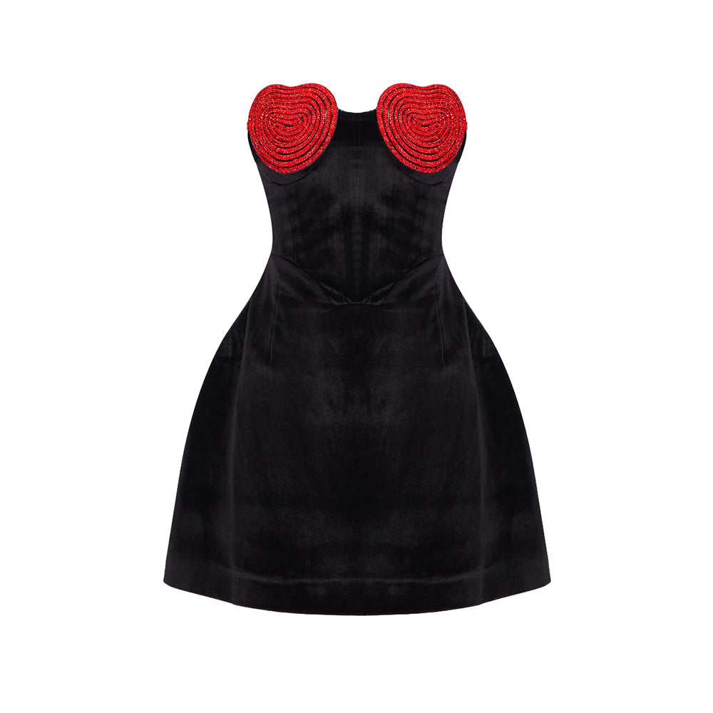 Crystal Heart Strapless A Line Velvet Dress Black HV9859