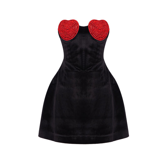 Crystal Heart Strapless A Line Velvet Dress Black HV9859