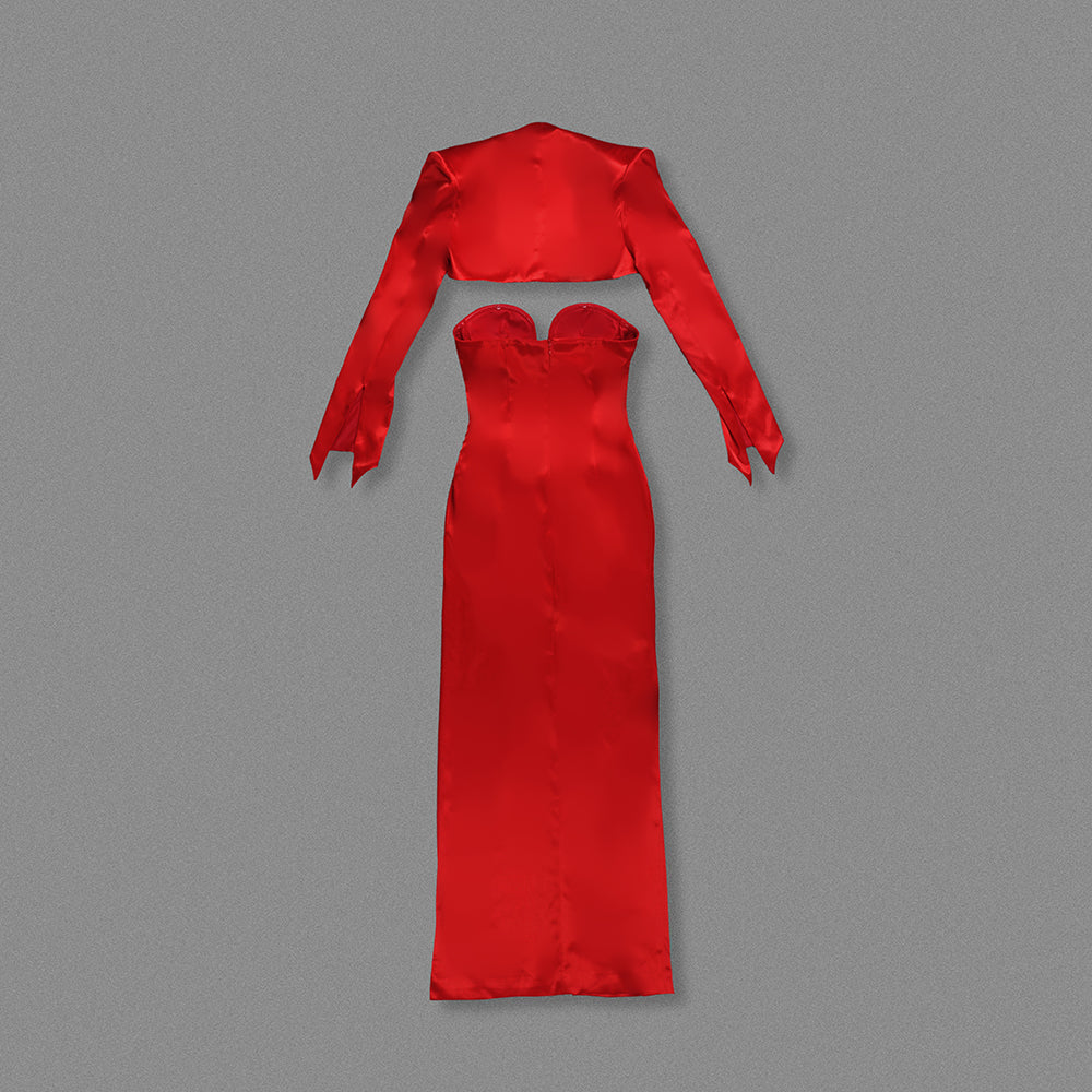 Long Sleeve Floral Maxi Two Piece Dress Red HV2135