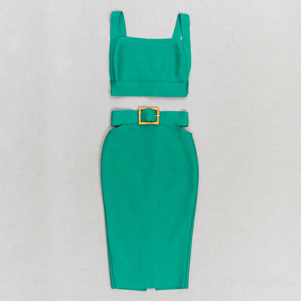 Belt Detail Two Piece Midi Dress Green HV9525
