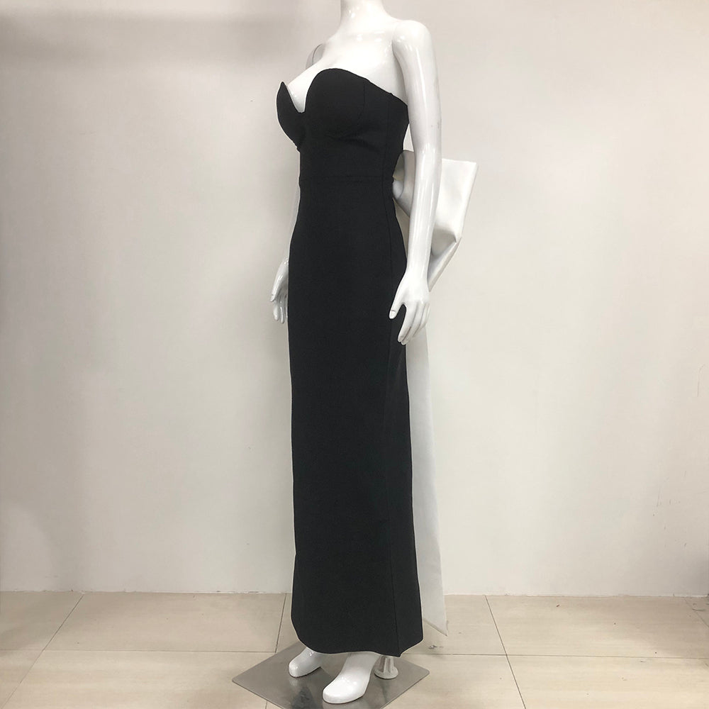 Strapless Bustier Bow Detail Maxi Dress Black White HV10110