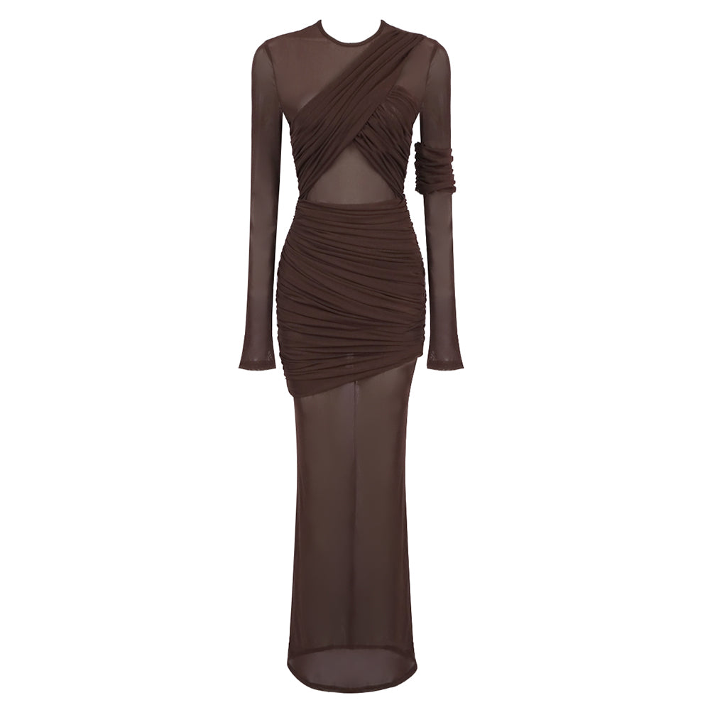 Long Sleeve Mesh Insert Draped Maxi Dress Brown HV1977