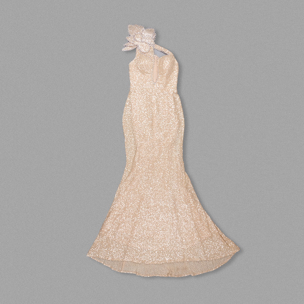 One Shoulder Pearl Sequin Maxi Dress Nude HV1782