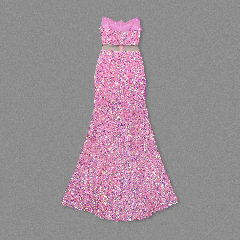 Strapless Crystal Sequin Maxi Dress Pink HV1914