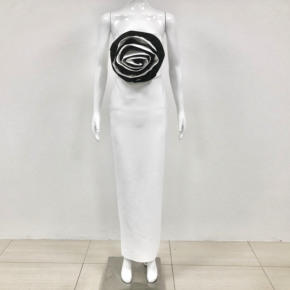 Strapless Floral Maxi Dress White Black HV1642