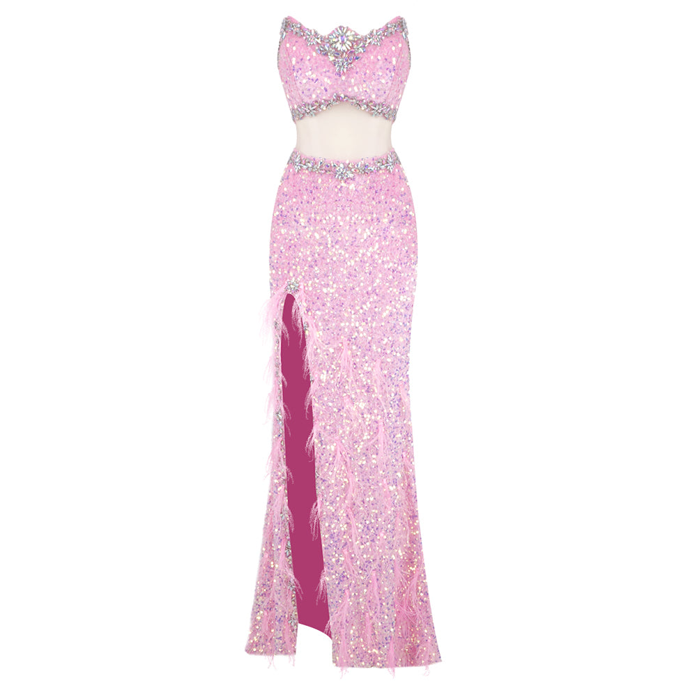 Strapless Crystal Sequin Maxi Dress Pink HV1914