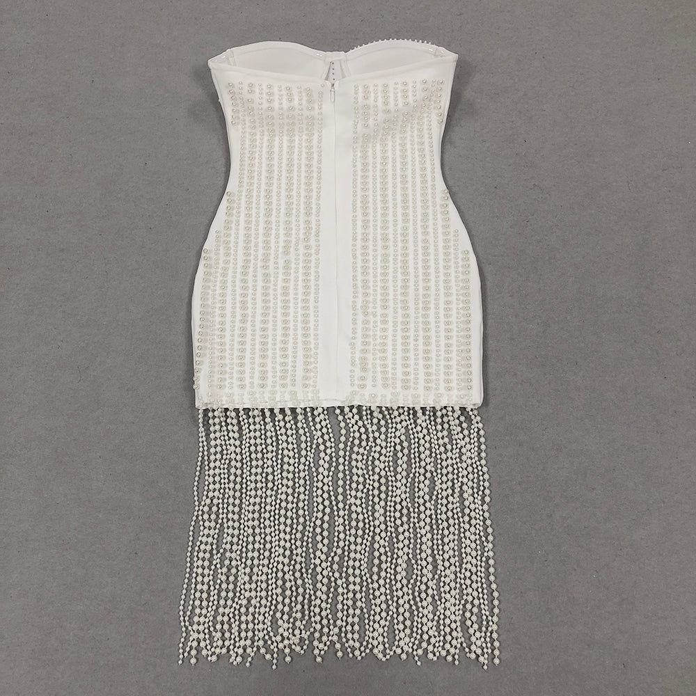 Strapless Bustier Pearl Tassel Midi Dress HV1353