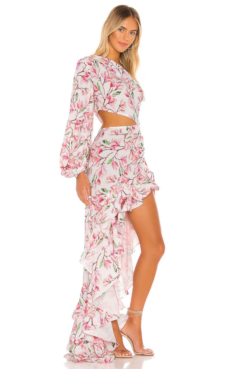 One Sleeve Floral Ruffle Maxi Dress Rose Pink HV1367