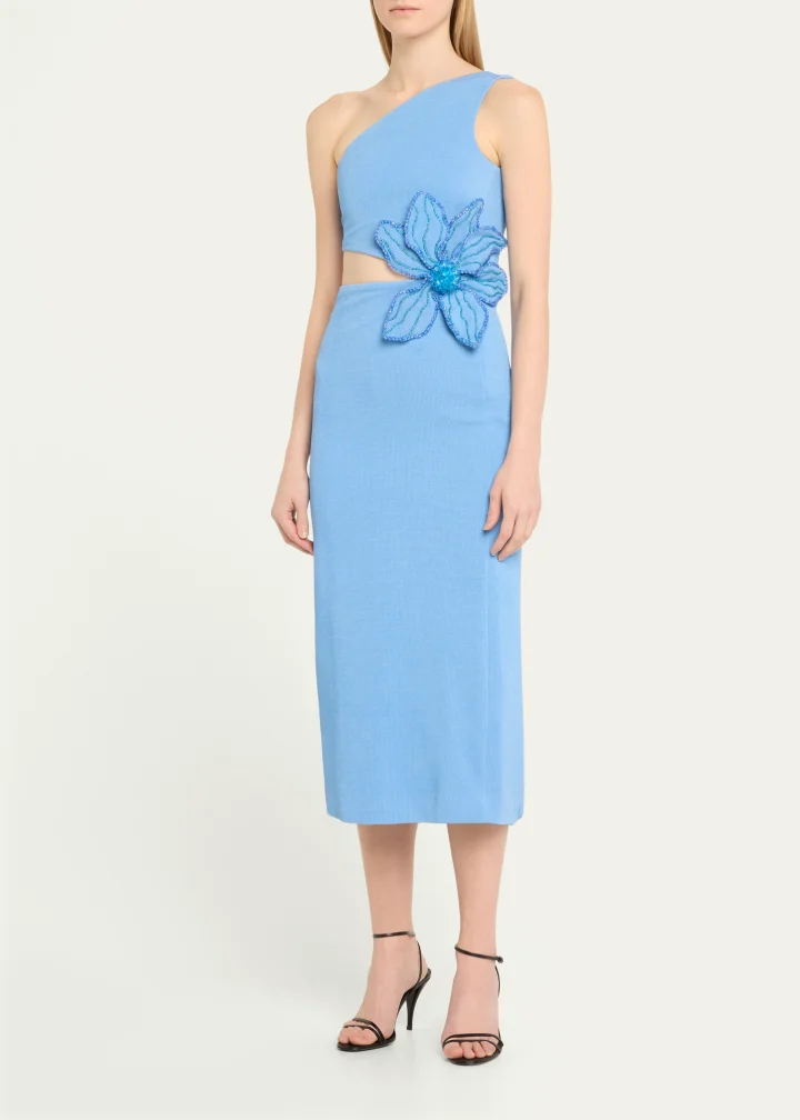 One Shoulder Pearl Flower Midi Dress Blue HV1188