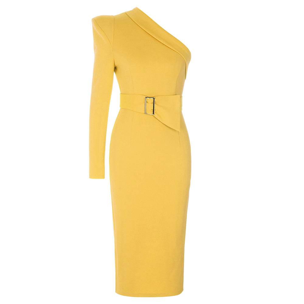 One Sleeve Belt Detail Midi Dress HV9113