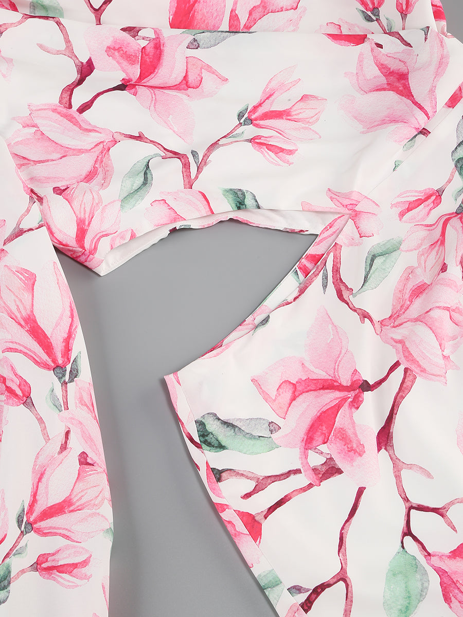 One Sleeve Floral Ruffle Maxi Dress Rose Pink HV1367