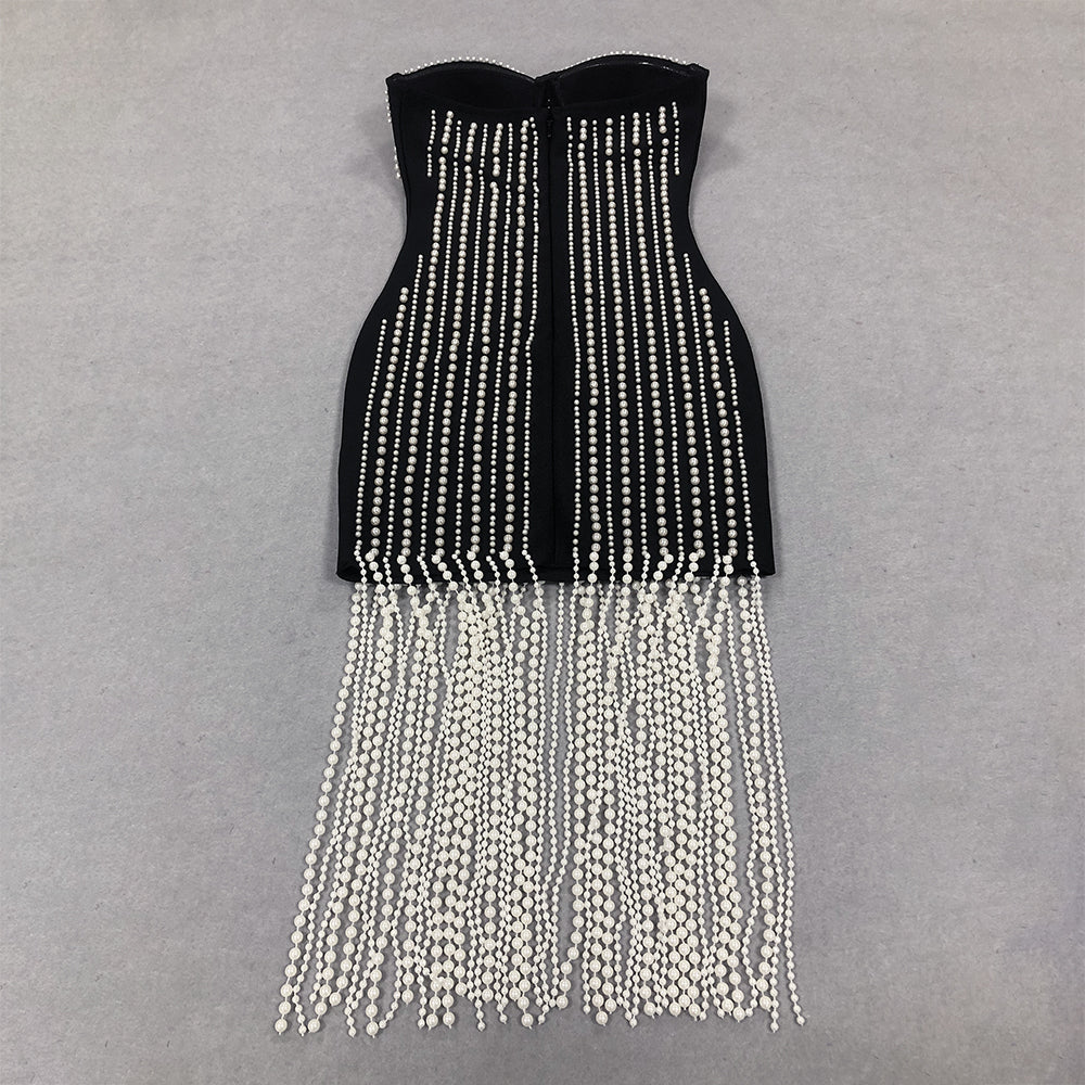 Strapless Bustier Pearl Tassel Midi Dress HV1353