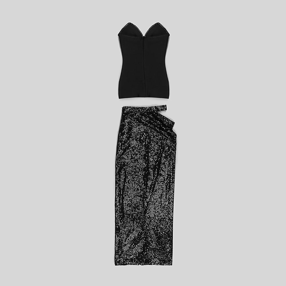 Strapless Sequin Two Piece Maxi Dress Black HV9217