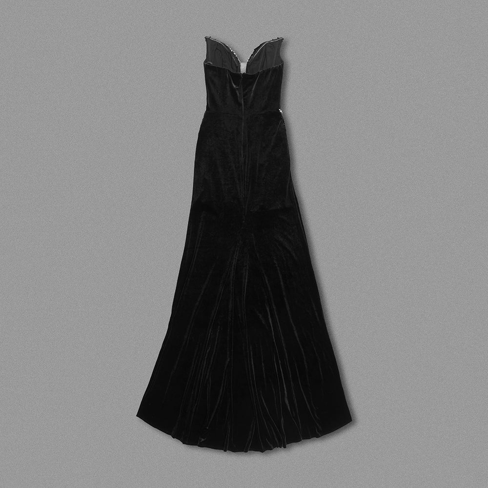 Strapless Crystal Floral Maxi Velvet Dress Black HV1677