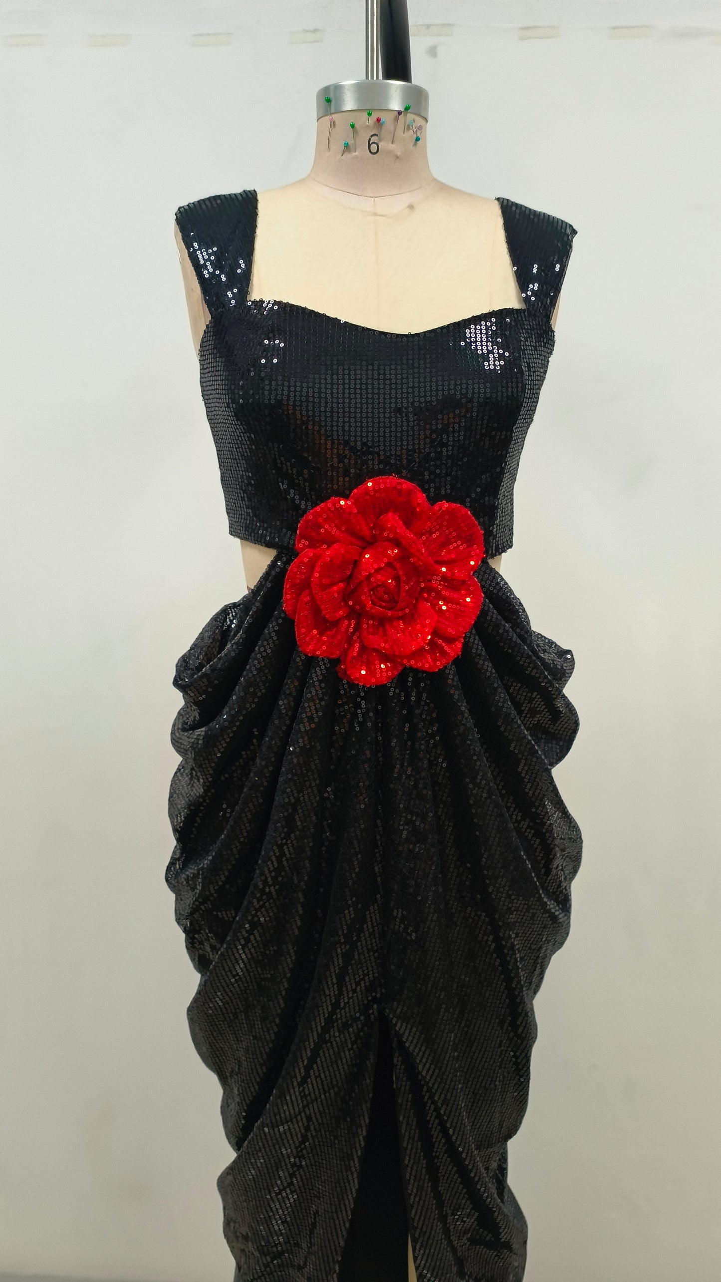Floral Sequin Draped Maxi Dress Black HV1707
