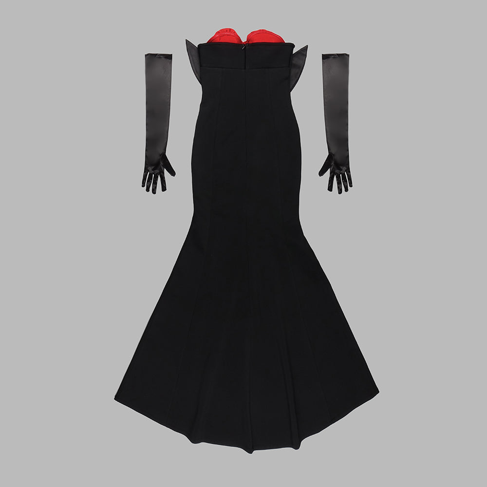 Rose Bustier Mermaid Maxi Dress Black Red HV9744