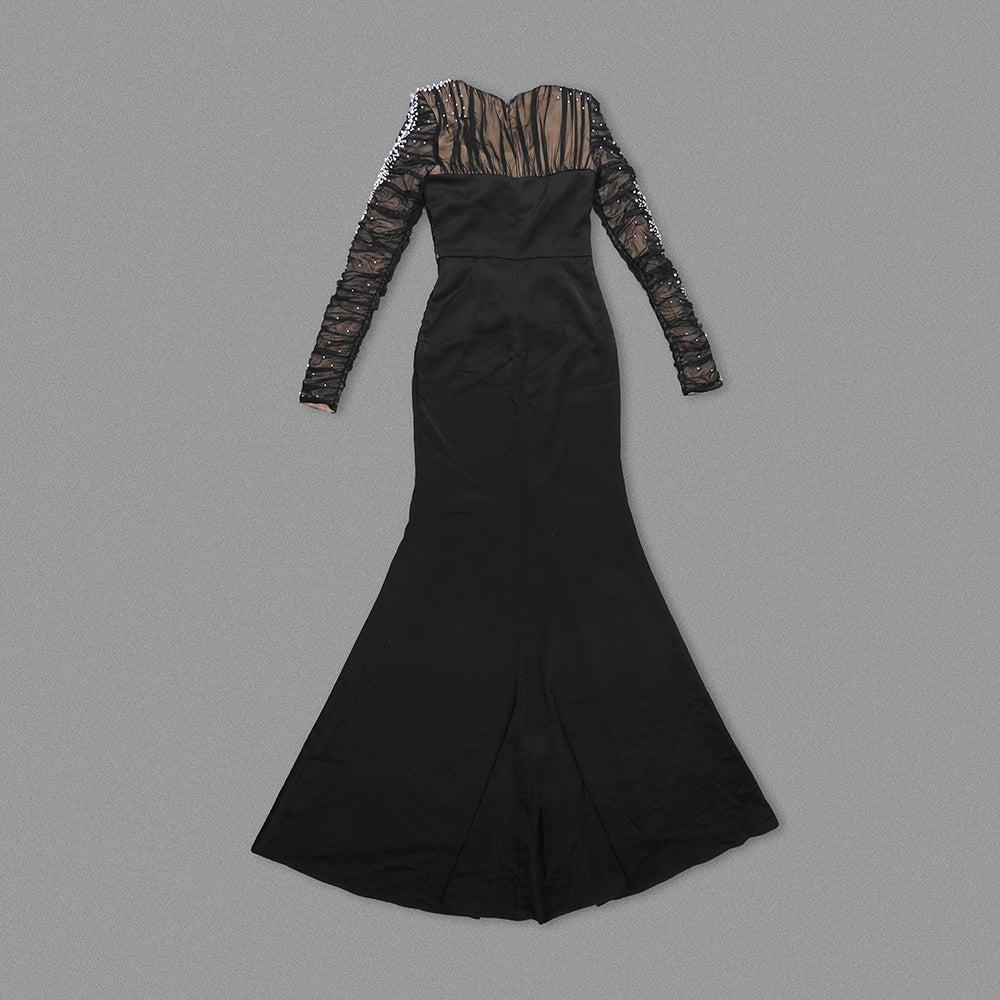 Long Sleeve Embellished Ruched Mesh Maxi Dress HV1576