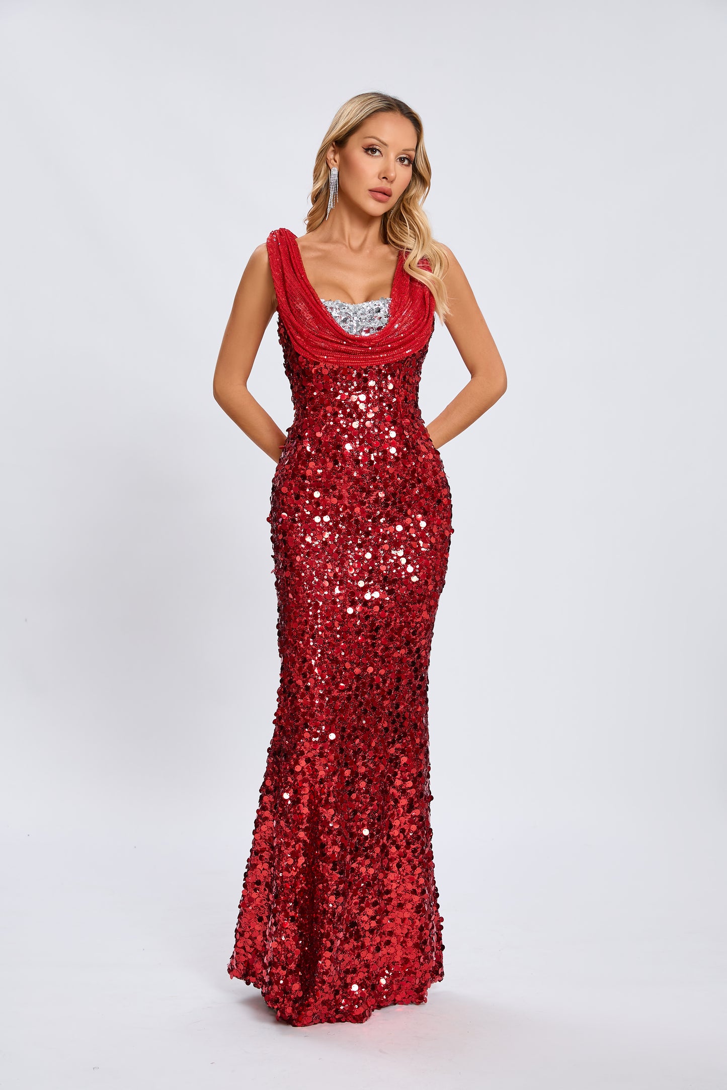 Draped Sequin Maxi Dress Red Silver HV1924