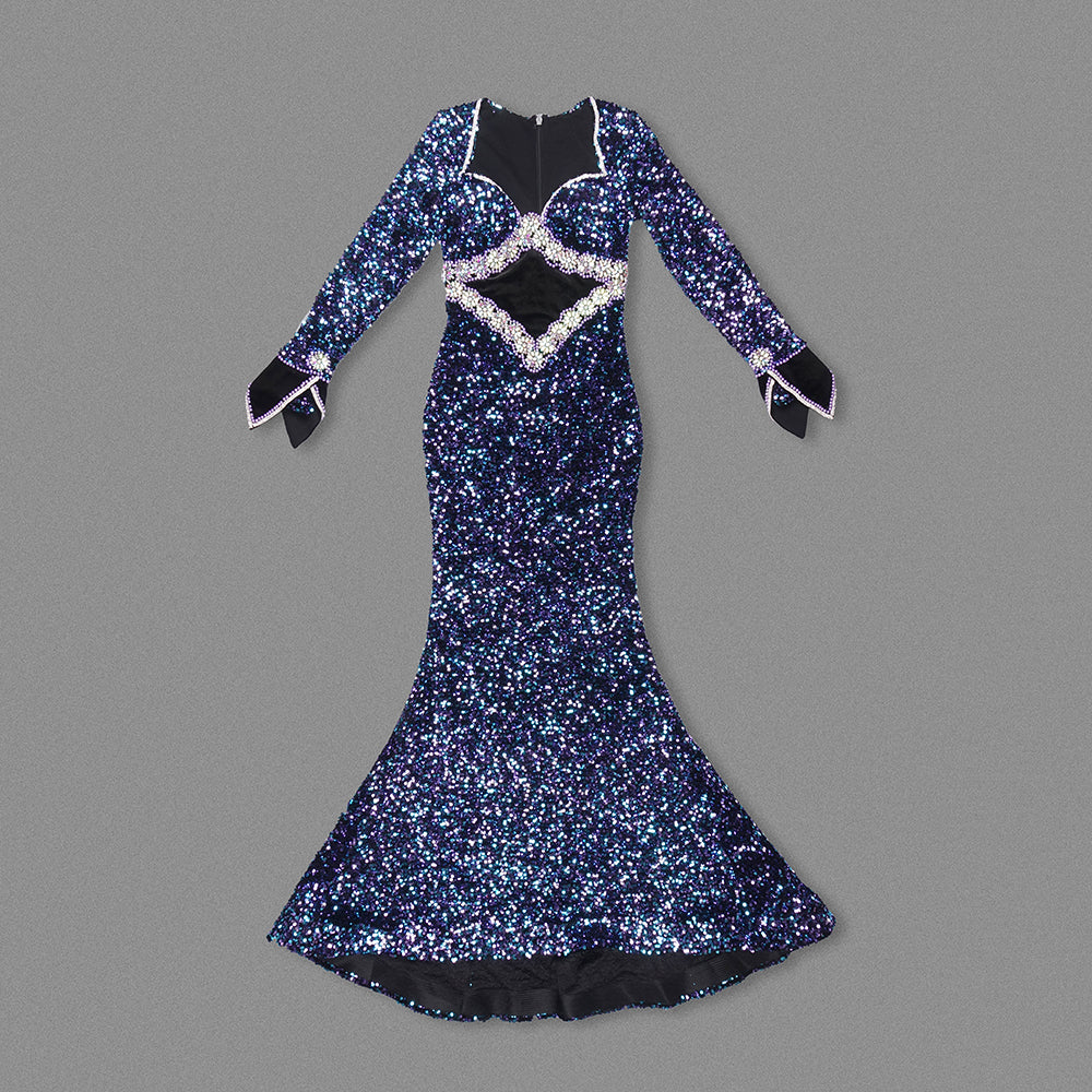 Long Sleeve Crystal Sequin Mermaid Maxi Dress Blue HV1786