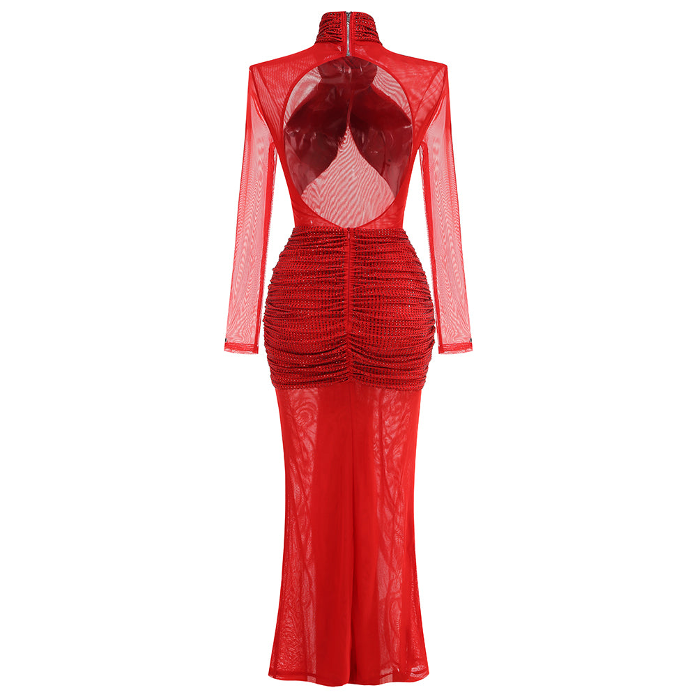 Long Sleeve Sparkly Draped Maxi Dress Red HV1983