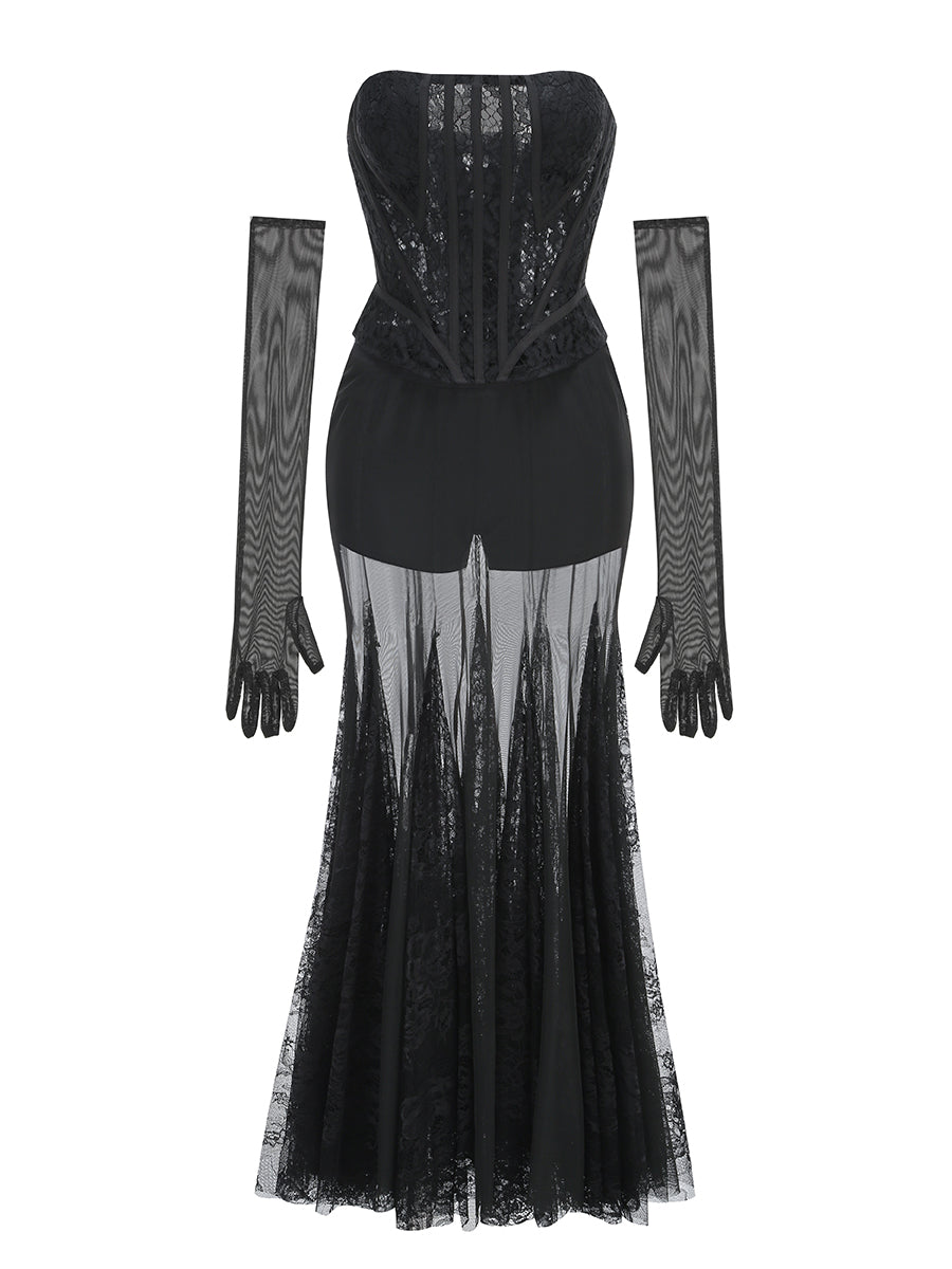 Strapless Lace Corset A Line Two Piece Maxi Dress Black