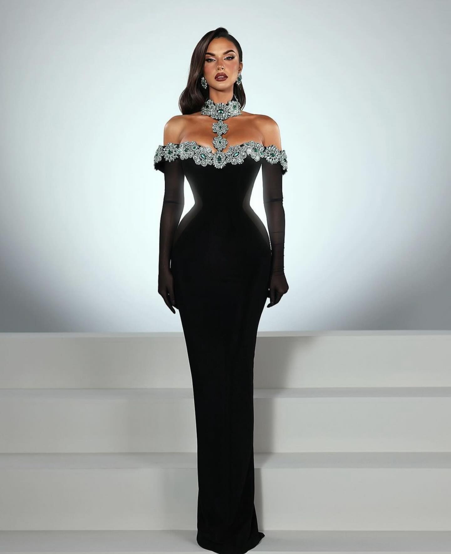 Halter Crystal Bardot Velvet Dress Maxi Black HV1495