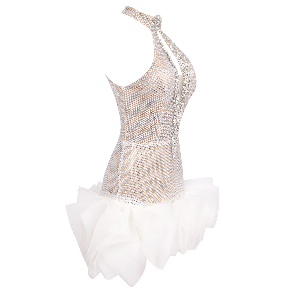 Halter Crystal Ruffle Dress White HV1827