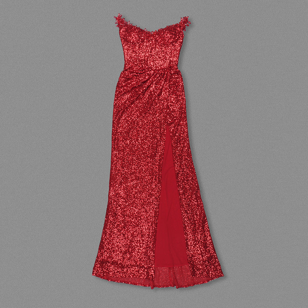 Strapless Crystal Bustier Sequin Maxi Dress Red HV179