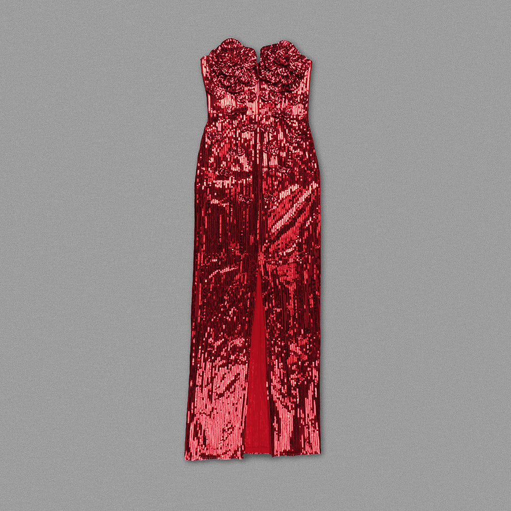 Strapless Flower Sequin Maxi Dress Red HV1007