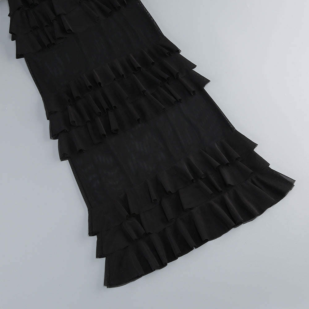 Strapless Ruffle Mesh Maxi Dress Black S025