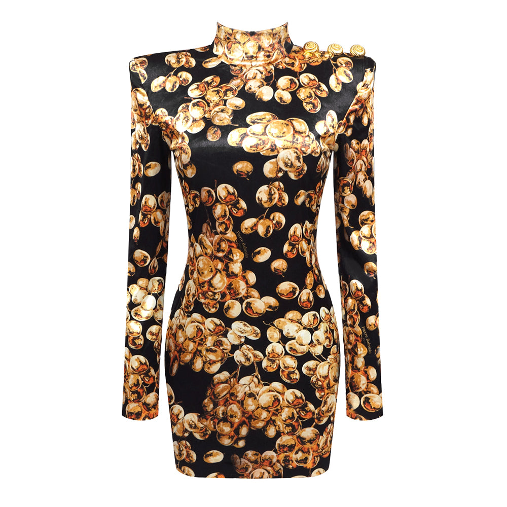 Long Sleeve Printed Dress Gold Black HV1859