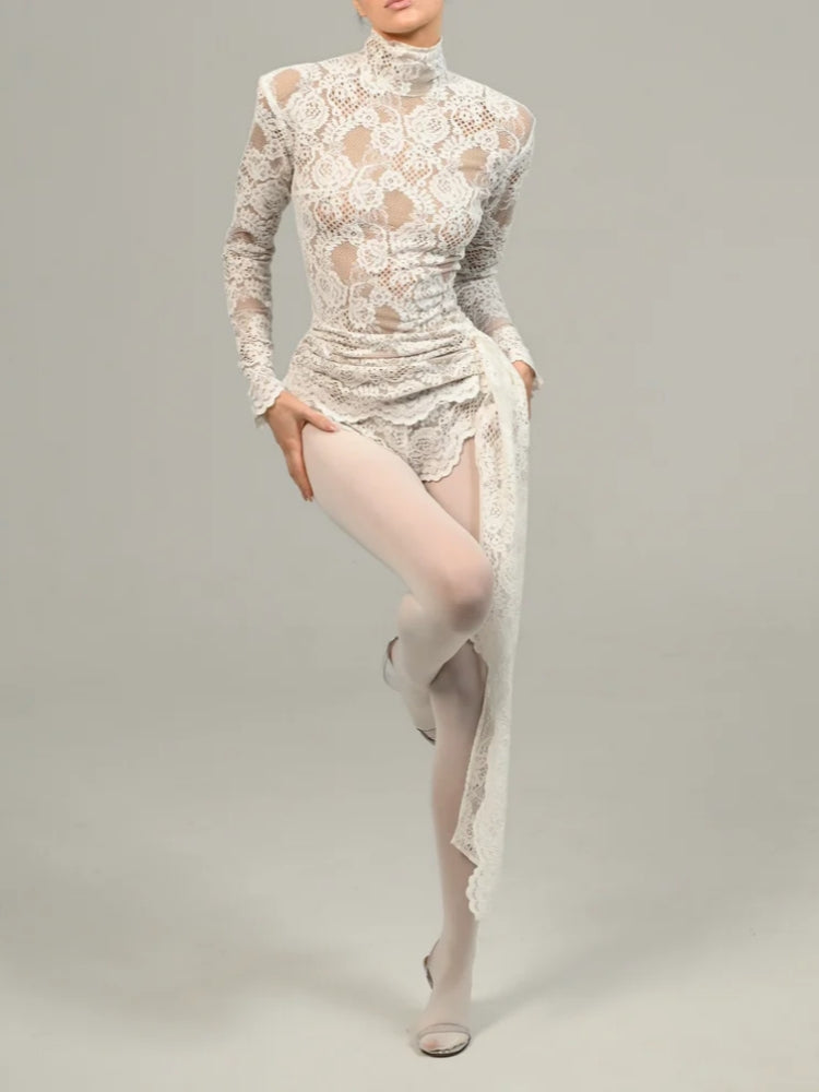 Long Sleeve Draped Lace Bodysuit White HV1546
