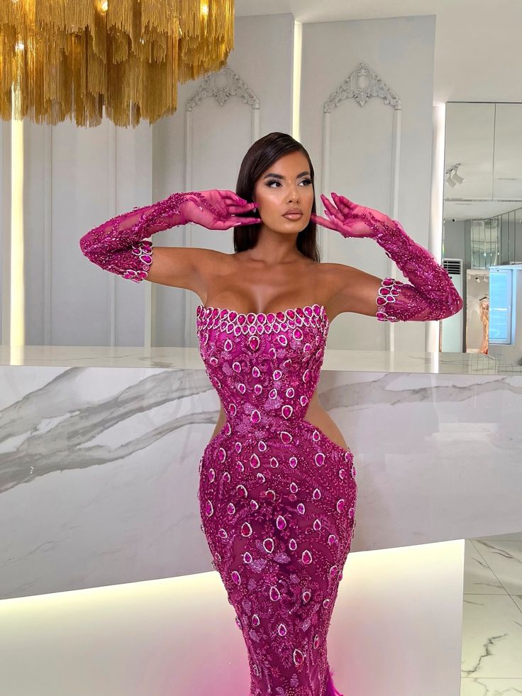 Strapless Sequin Feather Maxi Dress Hot Pink HV1553