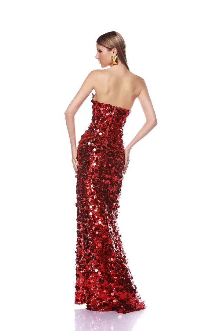 Strapless Big Sequins Maxi Dress Red BB505