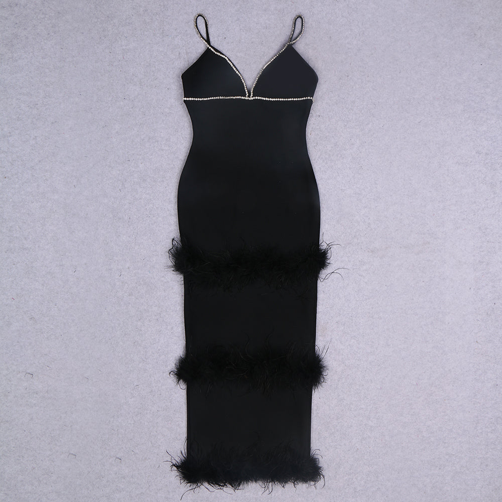 Crystal Trim Feather Detail Maxi Dress Black