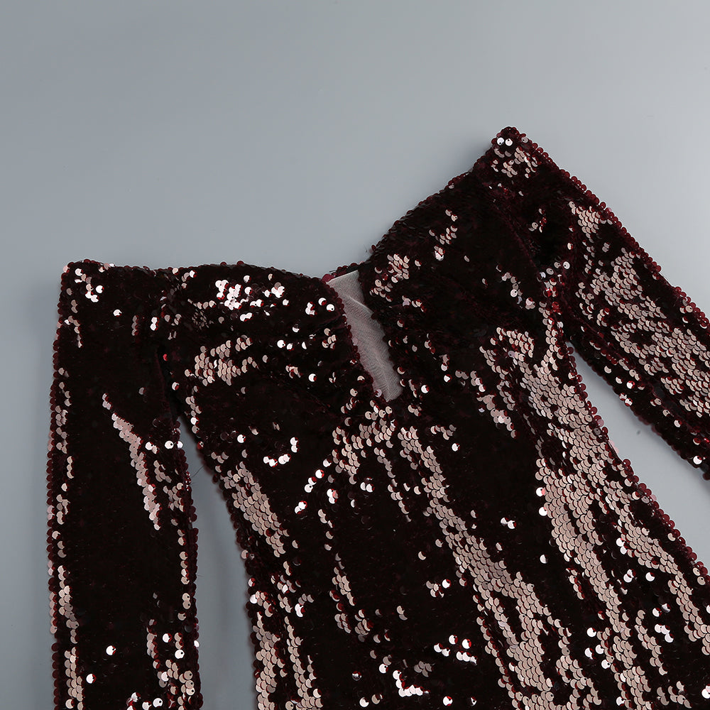 Long Sleeve Bardot Sequin Maxi Dress Brown HV1929