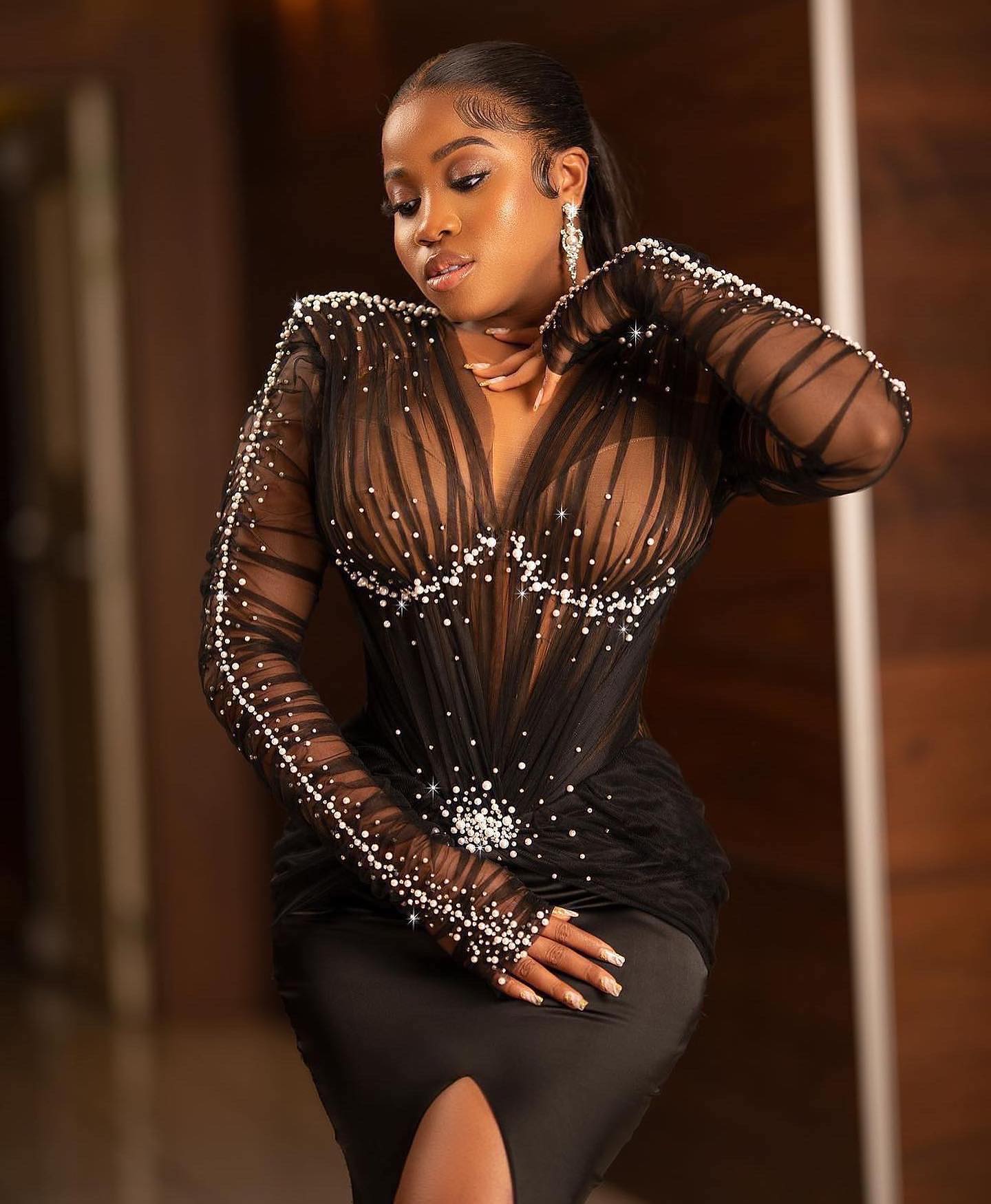Long Sleeve Embellished Ruched Mesh Maxi Dress HV1576