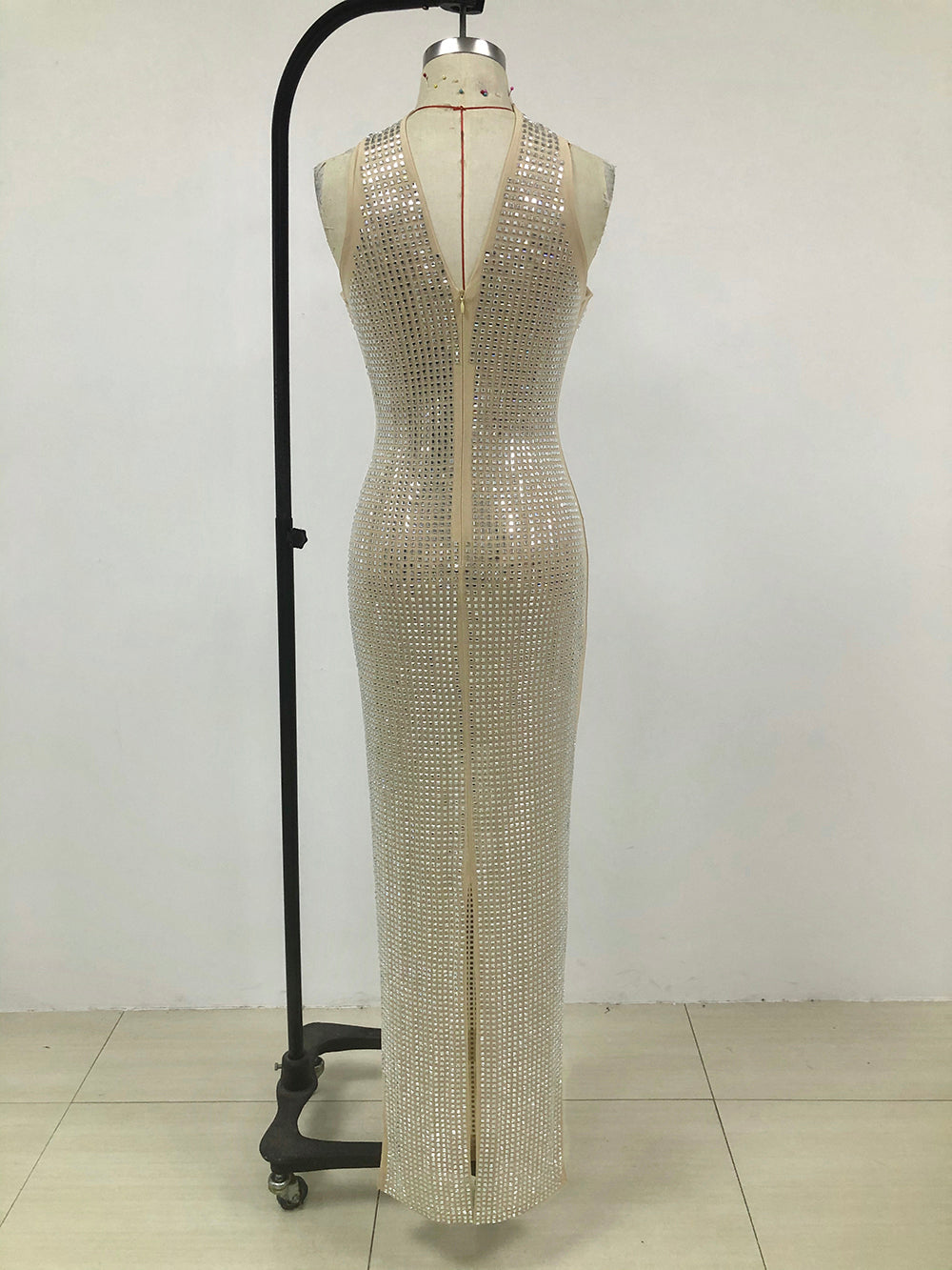 Halter Crystal Maxi Dress Nude